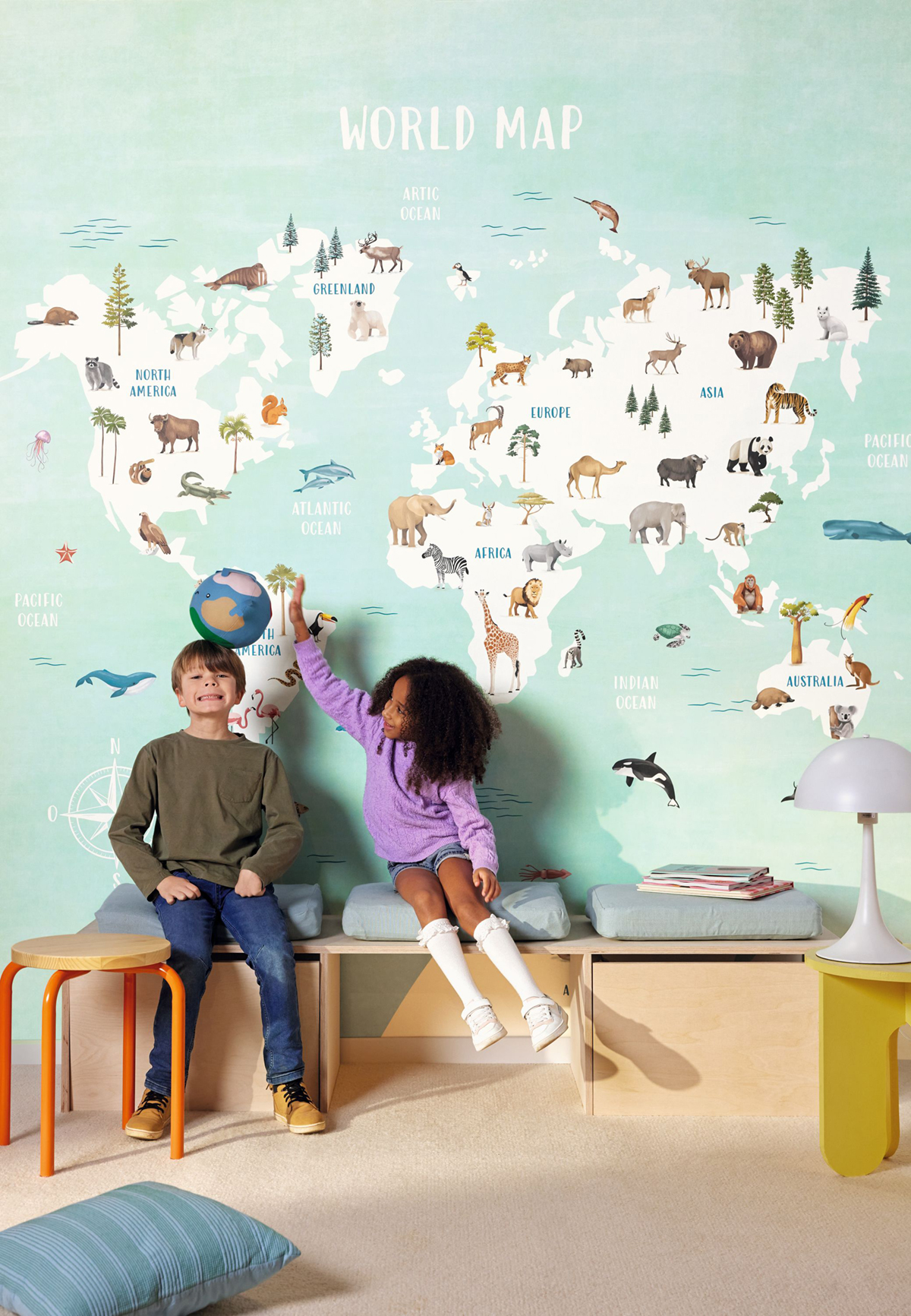 Papier peint panoramique Carte Découvrir le Monde bleu S 250X250 - Les Minis Mondes de Casélio | Réf. MNM105766306