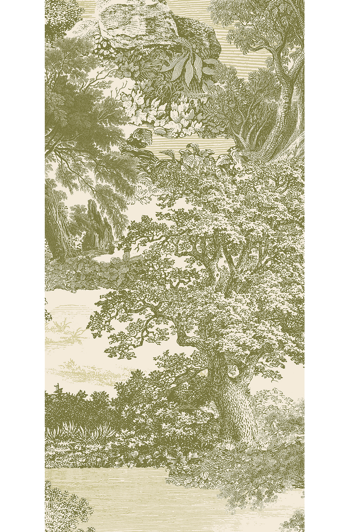 Papier peint panoramique Toile de Jouy Salcey vert olive - C H260 - Amazone de Masureel | Réf. MAS-DGSAL1033-260
