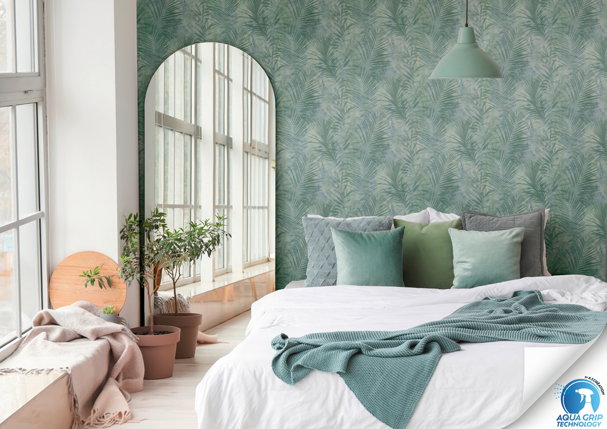 Papier peint préencollé Palme bleu vert - Designdrop d'A.S. Création AMB2 | Réf. AS-784521