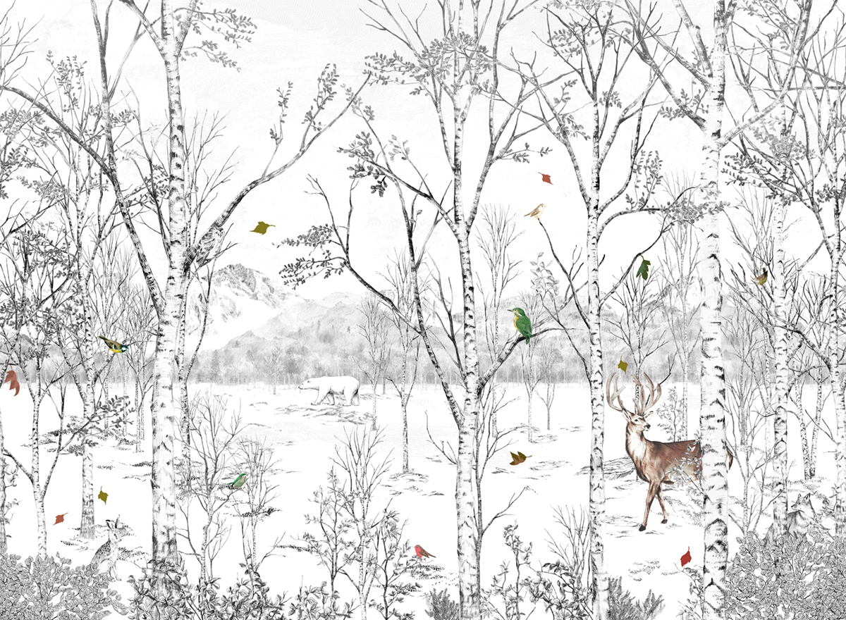 Papier peint panoramique Forêt Nunavut Naturel A+B+C - Avec Cerf - 1/2/3/4/5/6/7/8/9 - Isidore Leroy