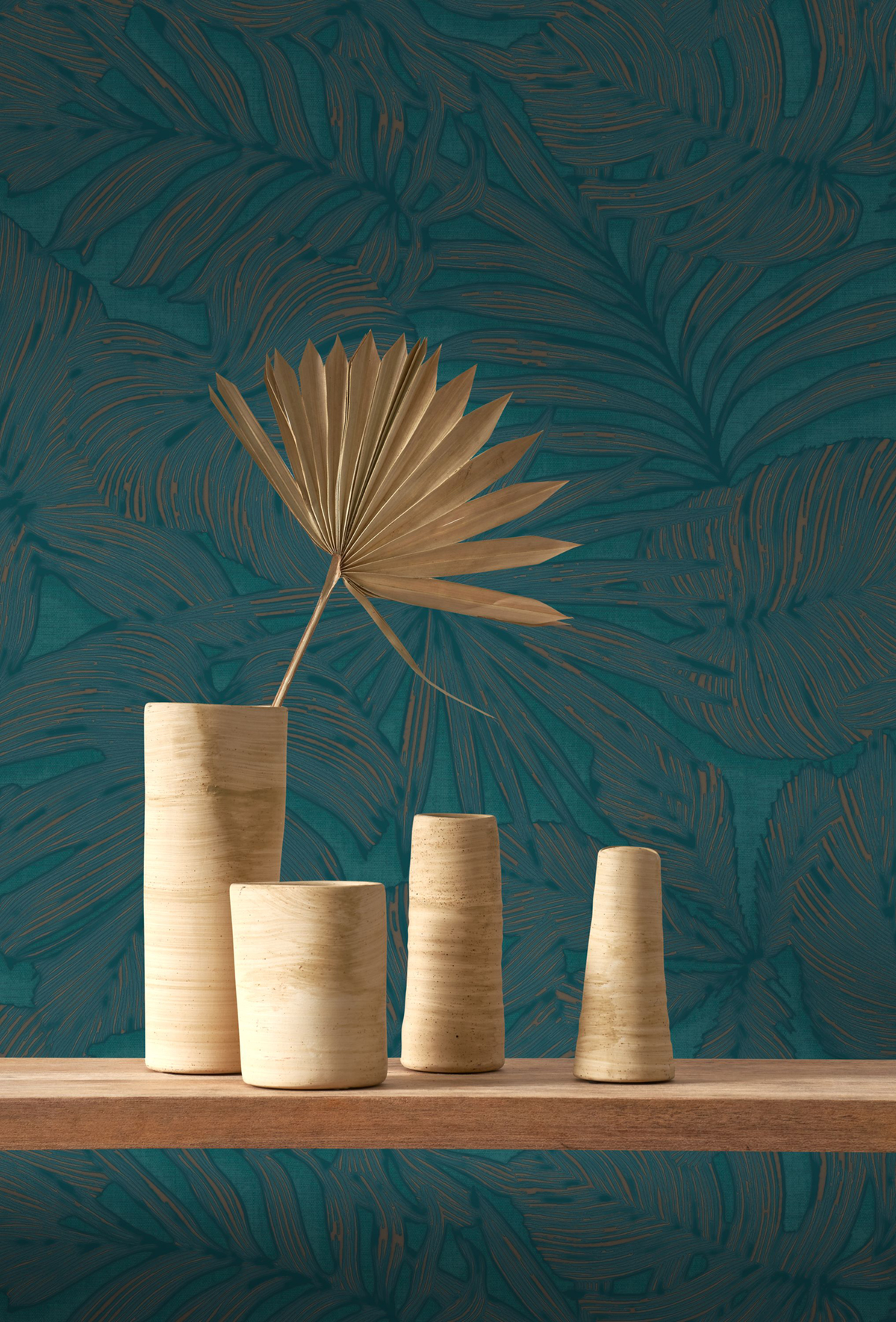 Papier peint Palmes Gravure Granada bleu canard - Vegetals de Casadéco | Réf. VEGE86436444
