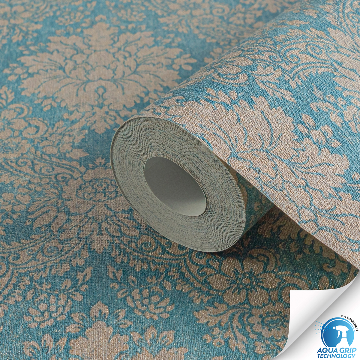 Papier peint préencollé Baroque Textile bleu grège - Designdrop d'A.S. Création ZOOM ROLL | Réf. AS-784921