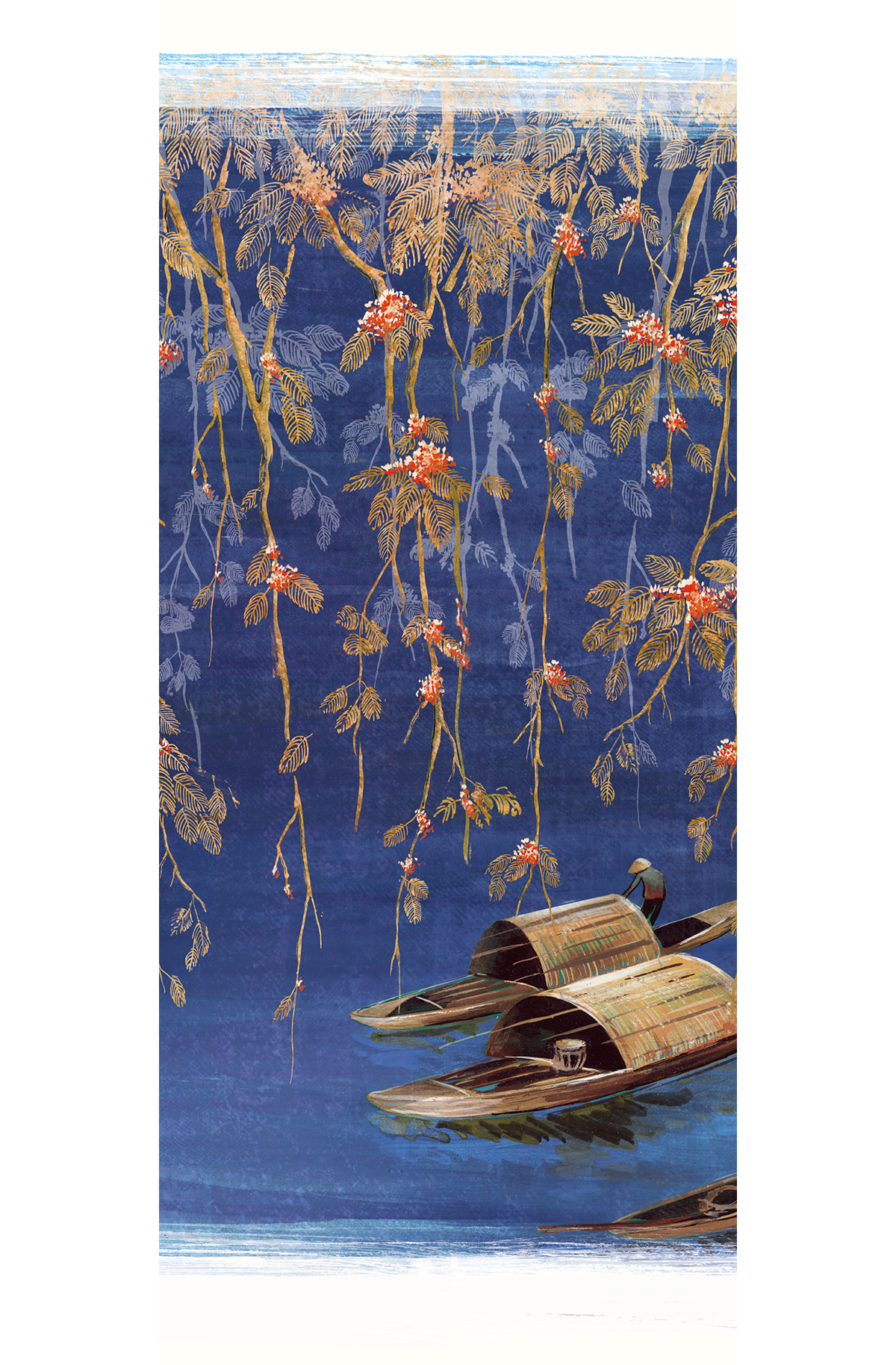 Papier peint panoramique Barque Japonaise River bleu marine - B H300 - Kimono de Masureel | Réf. MAS-DGKIM2032