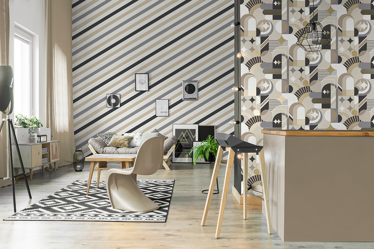 Papier peint Rayure Diagonale beige et doré - Pop d'Ugépa | AMB Réf. UGP-M47007