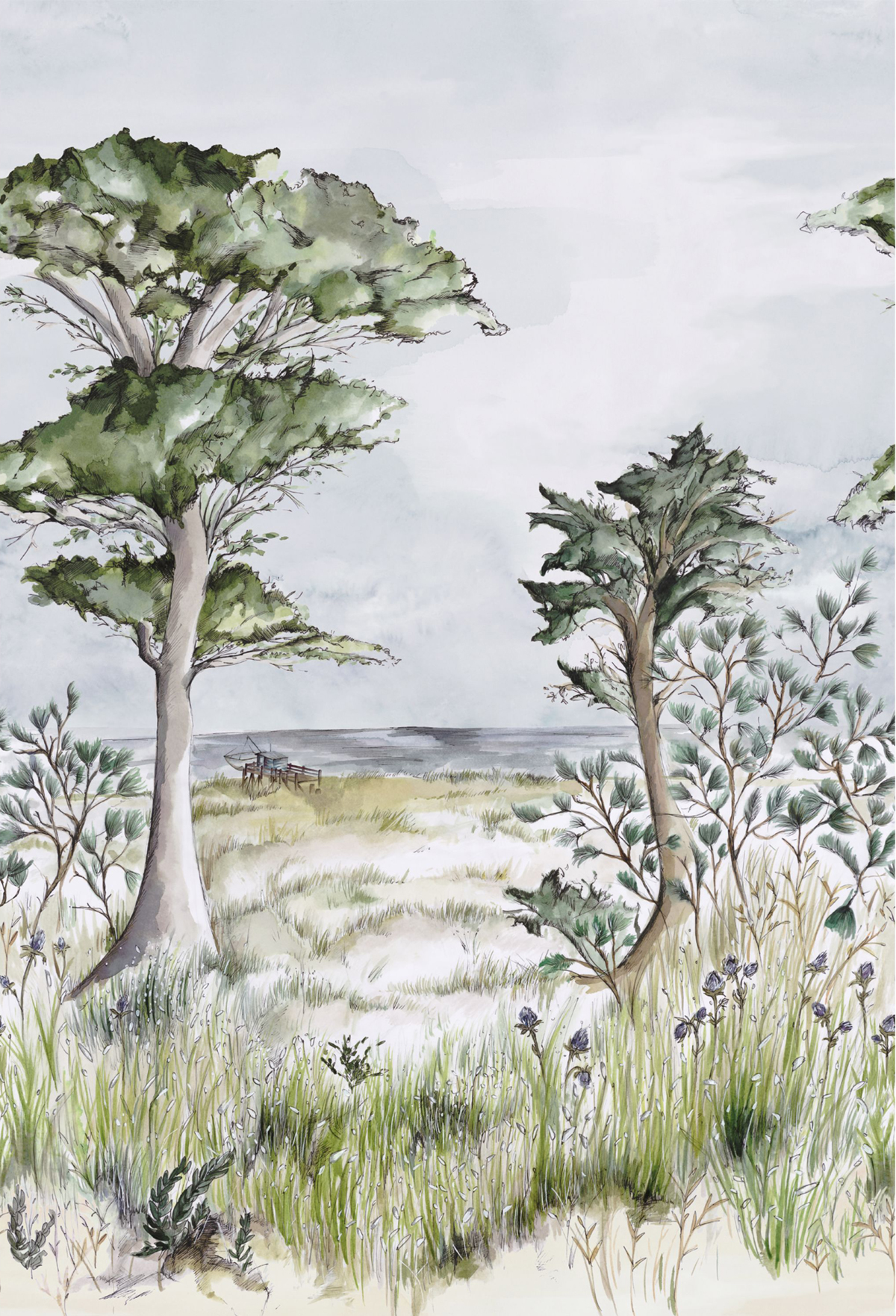 Papier peint Panoramique Pornic sauge gris bleu intissé - Panoramas 2 de Casamance | Réf. CAS-75840100