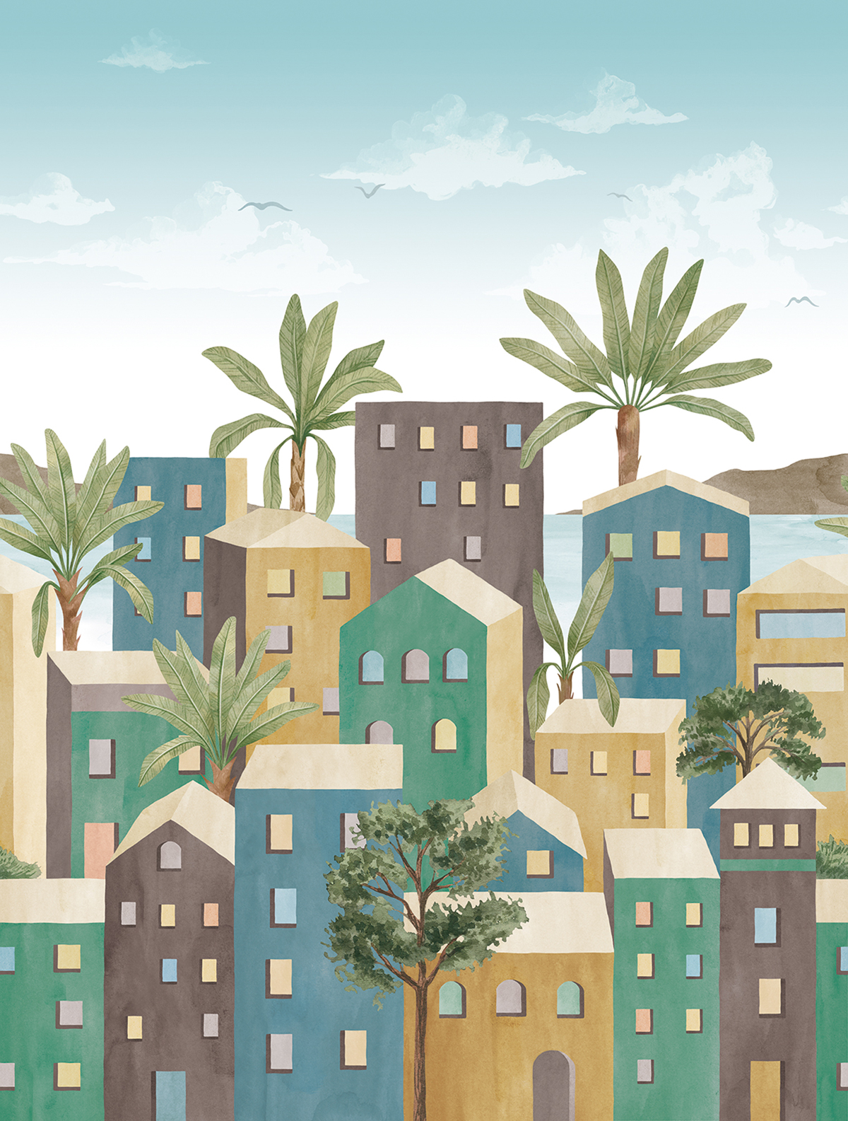 Papier peint panoramique Maison Vila bleu - Panorama 2 de Lutèce | Réf. LTC-PAN1671C