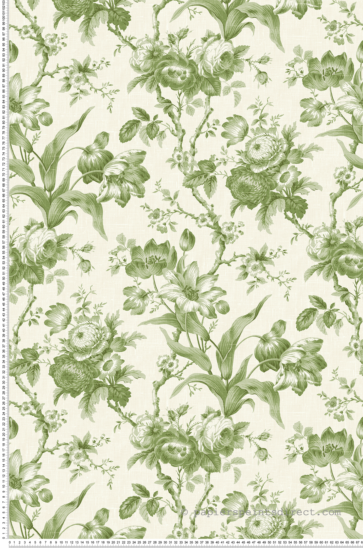 Papier peint Rose Rameau Florale vert olive écru - French Country d'Initiales | Réf. INI-FC61204