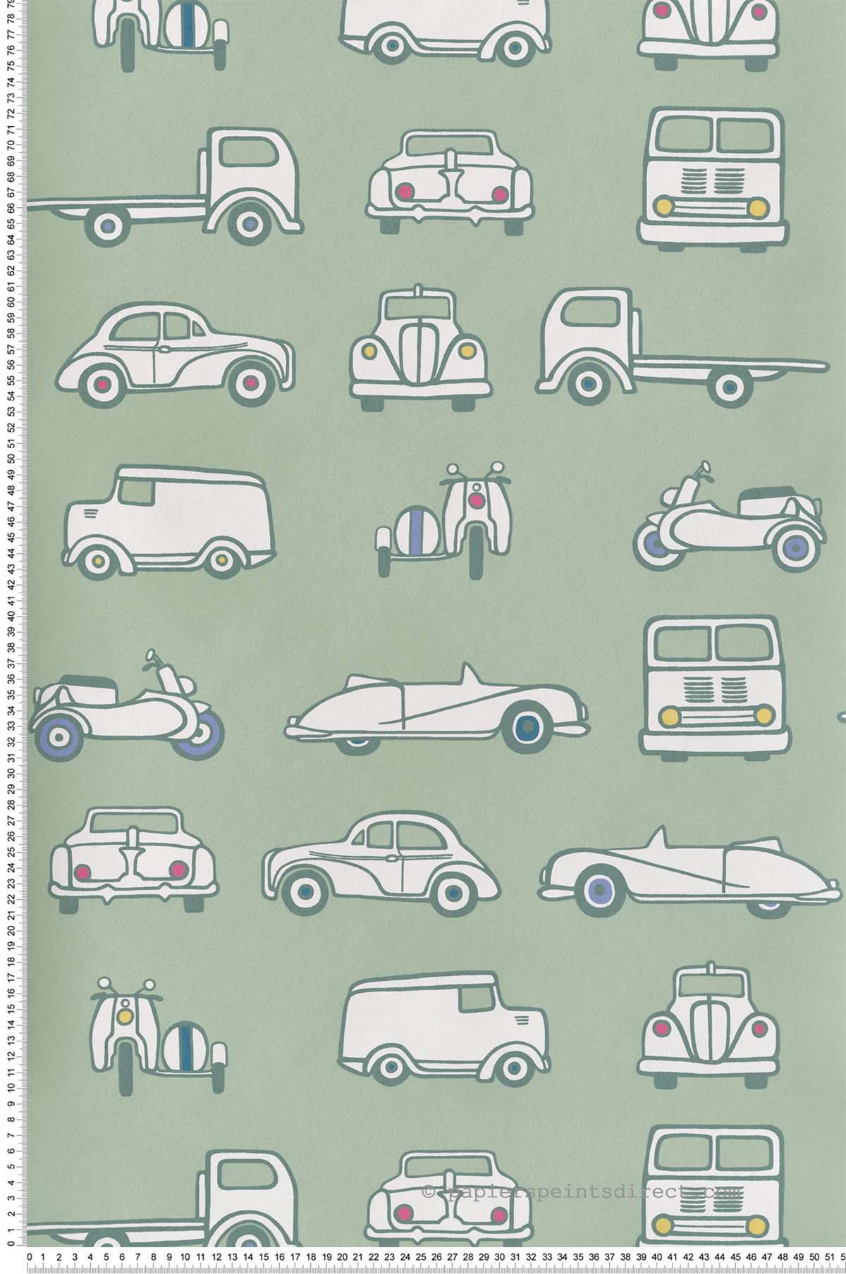Papier peint Voiture Vintage Road Trip Pea Green - Storybook Papers de Little Greene | Réf. 0231RTPEAGR