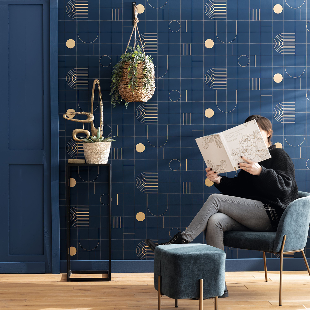 Papier peint Géométrique Courbe marine et doré - Only Blue de Casélio | AMB Réf. ONB102706221