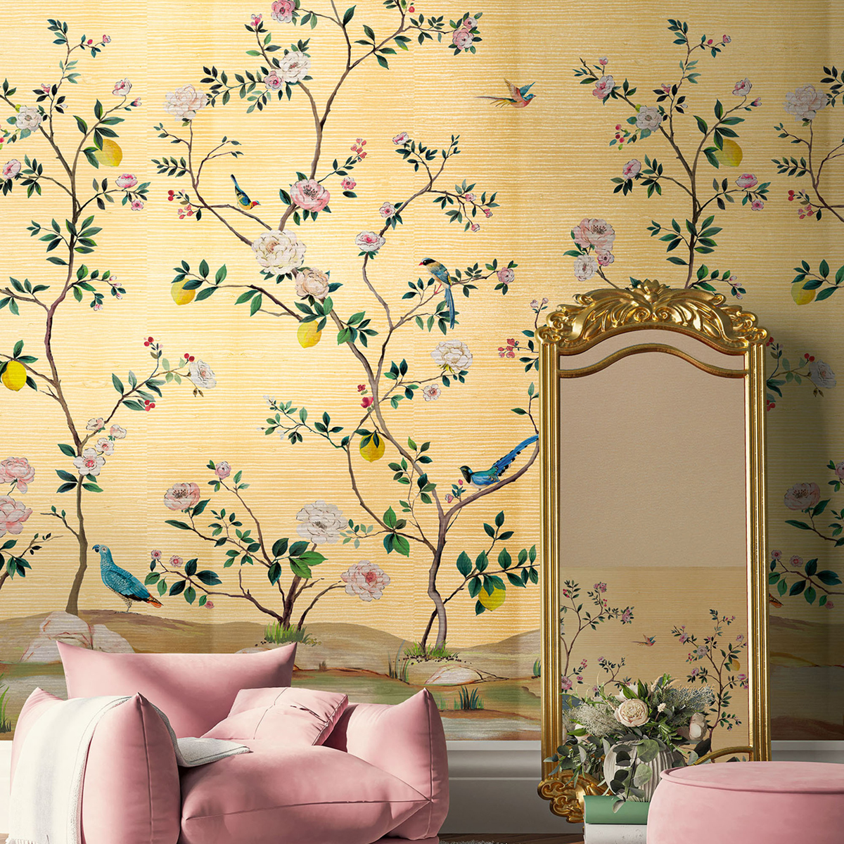 Papier peint panoramique Fleurs Vintage Grasscloth doré - Daisy Bennett d'Initiales | Réf. INI-DB32806M