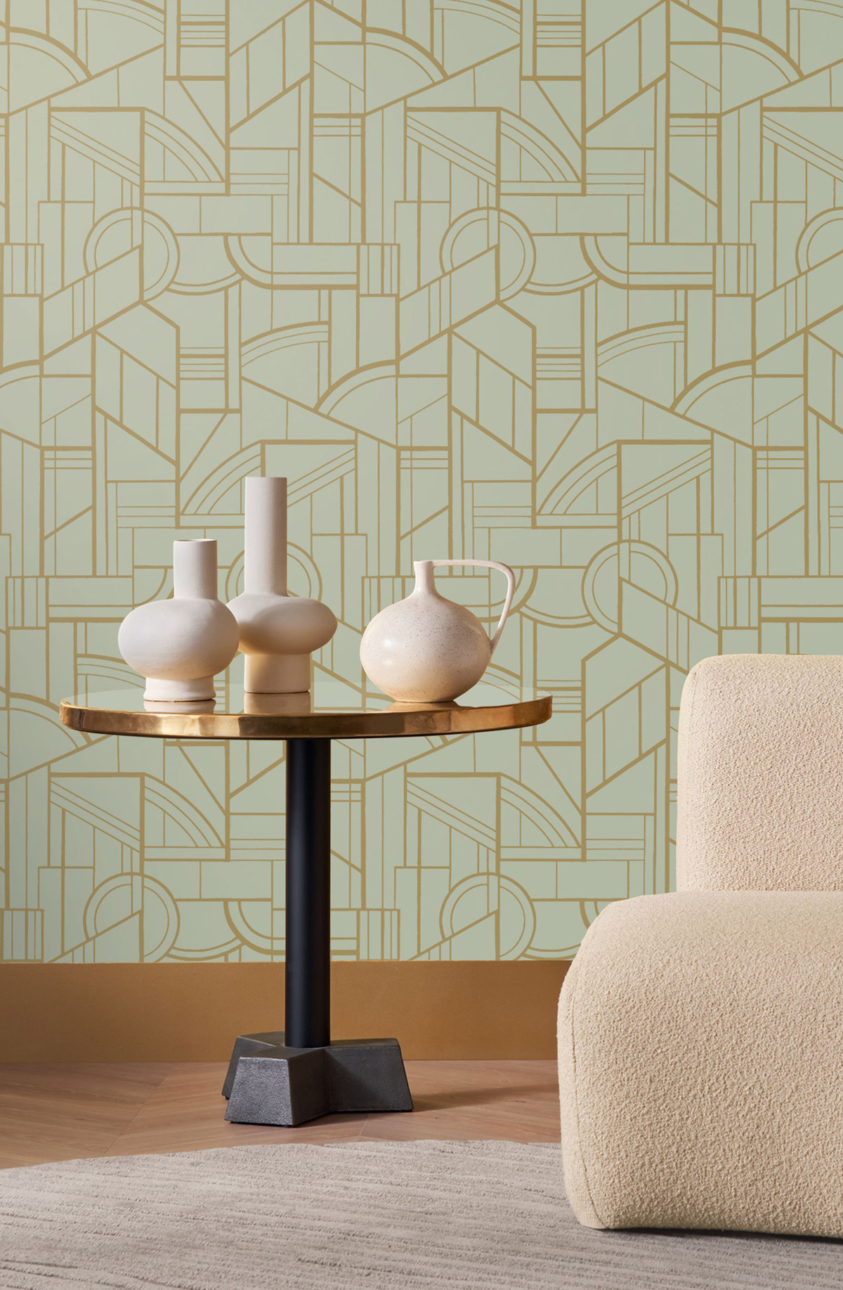Papier peint Forme Cinétique céladon doré - Faubourg des Lumières de Casamance | Réf. CAS-76292854