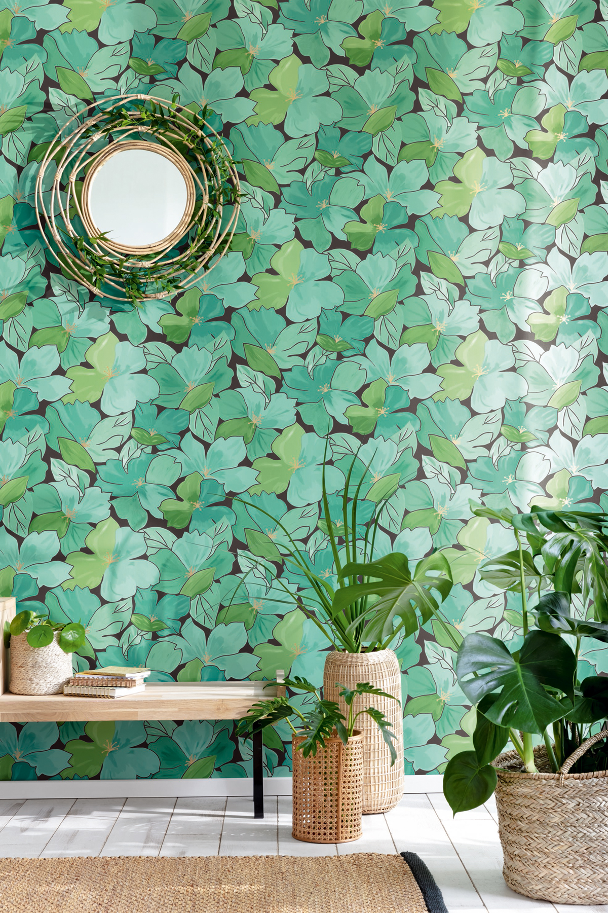 Papier peint Fleurs Tropicales August vert émeraude - Flower Power de Casélio AMB | Réf. FLP101887124