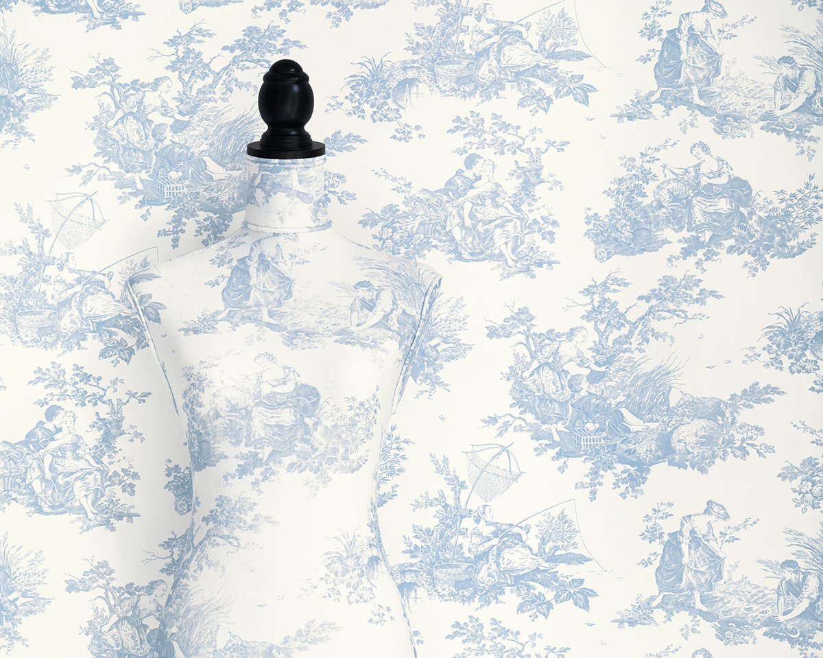 Papier peint Baroque Scène D'Été bleu porcelaine - Les Belles Toiles De Jouy de Casadéco AMBV | Réf. LBTJ87916217