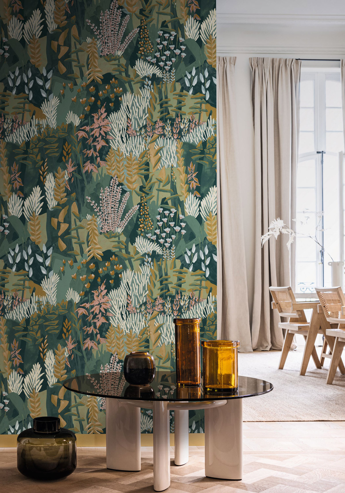 Papier peint Jardin Fleuri Erica vert rose - Jardin Félicia de Casamance | Réf. CAS-76570304