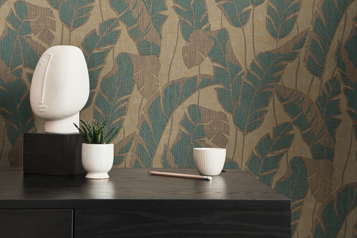 Papier peint Palme Tabasco bleu canard doré - Jade 2 d'A.S. Création AMB2 | Réf. AS-395022