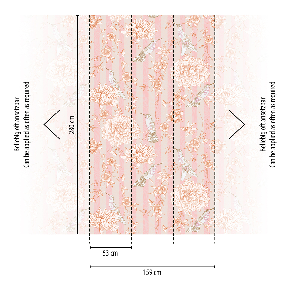 Papier peint panoramique Rayé Fleur Oiseaux rose - The Wall 2 d'A.S. Création | Réf. AS-392021