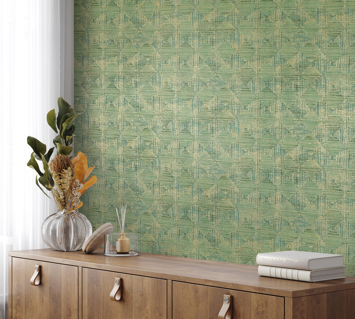 Papier peint Tissage Ethnique vert mordoré - Ornata de Montecolino AMB2 | Réf. MC-65348