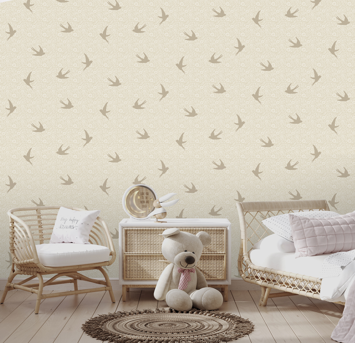 Papier peint Hirondelles en Fleurs beige doré - Sweet Dreams d'Ugépa | Réf. UGP-N07007
