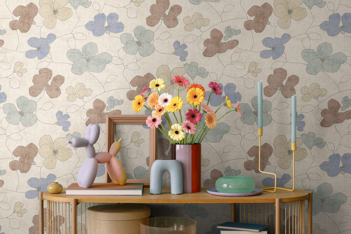 Papier peint Scandinave Fleurs Anémones beige bleu - Nordic Feeling d'A.S. Création