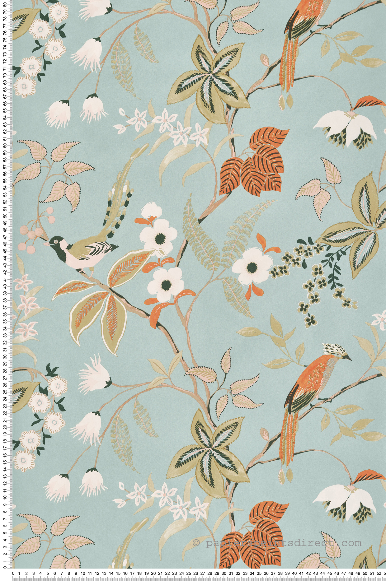 Papier peint Oiseau Feuillage Happy vert d'eau orange - Happy Therapy de Casélio | Réf. HTH104067765