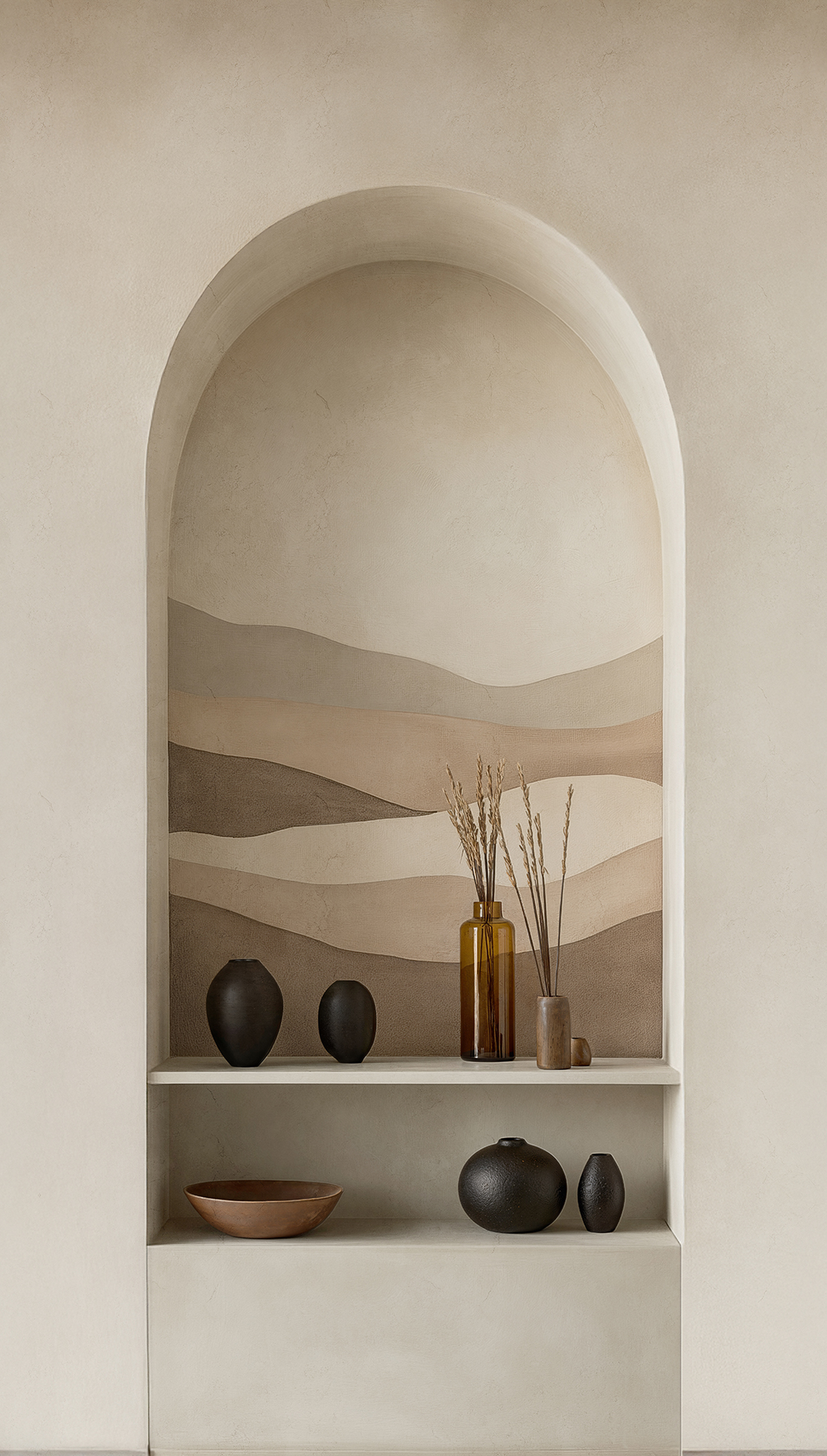 Papier peint panoramique Etagère Trompe l'Œil Clay Mirage beige - Cosmoliving d'A.S. Création | Réf. AS-791446