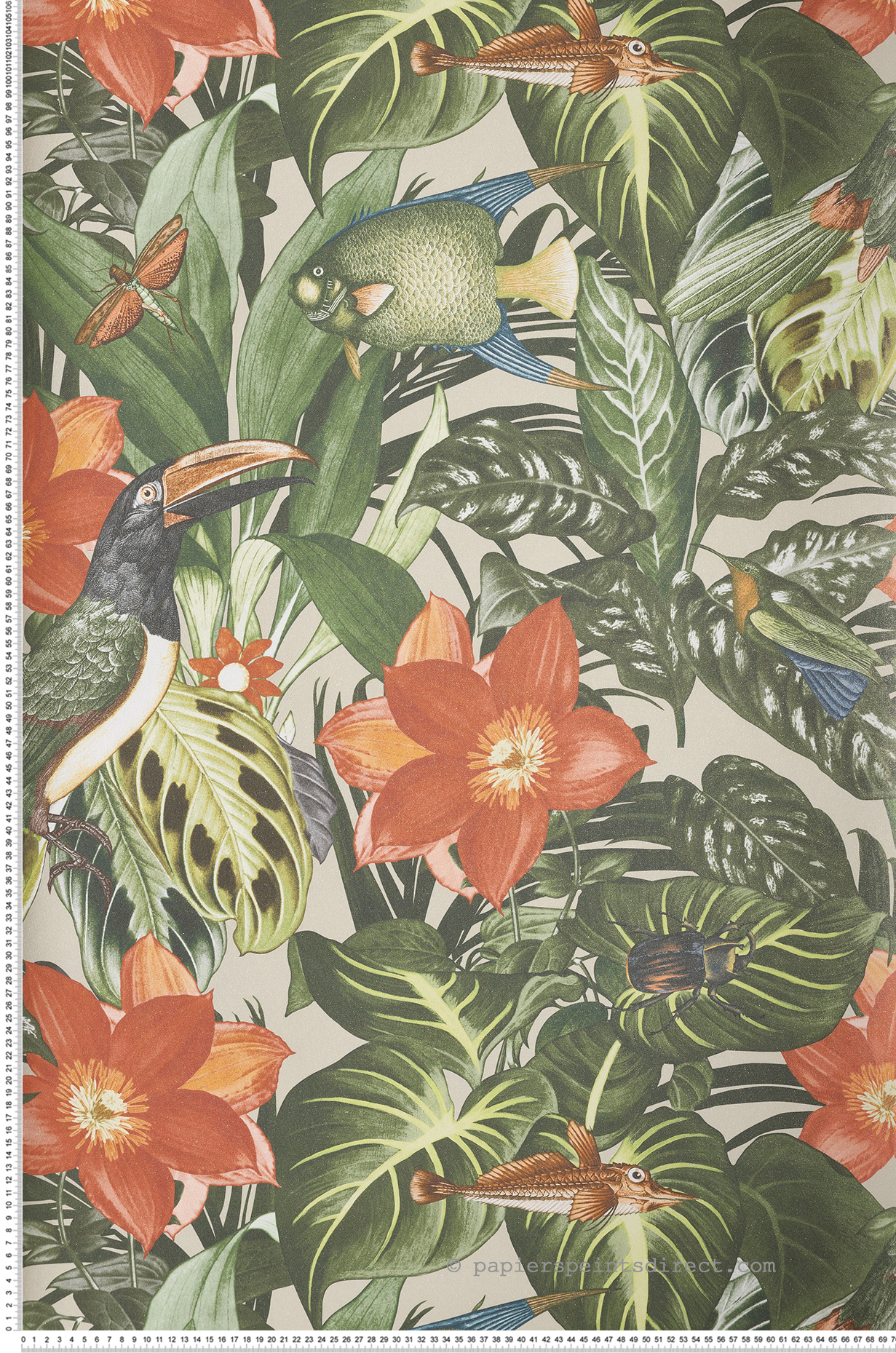 Papier peint Tropical et Poisson Palau beige pailleté et vert - Moorea de Montecolino | Réf. MC-26747