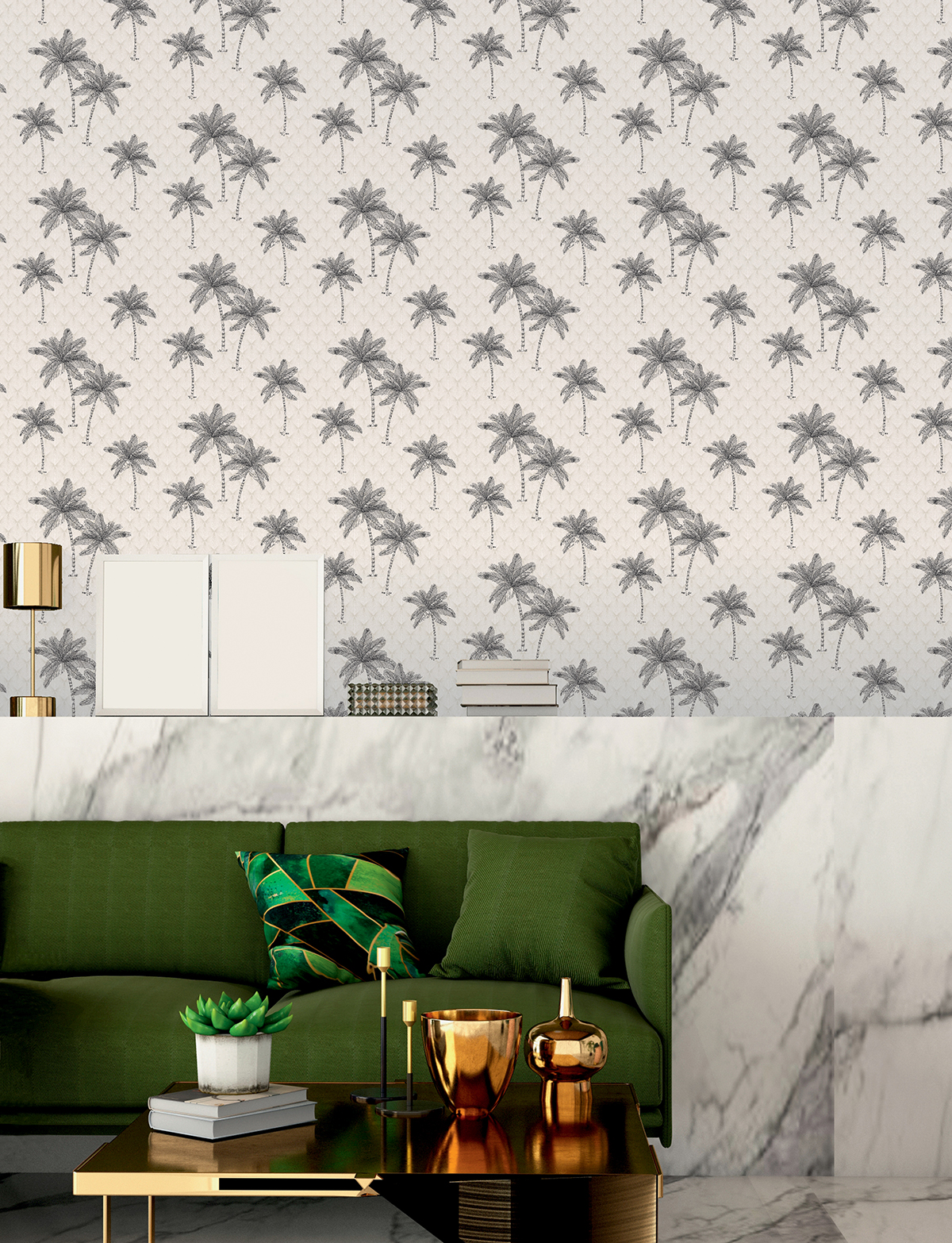 Papier peint Palmier Art Déco grège et noir - Jardin d'Eden de Lutèce | Réf. LTC-51202709