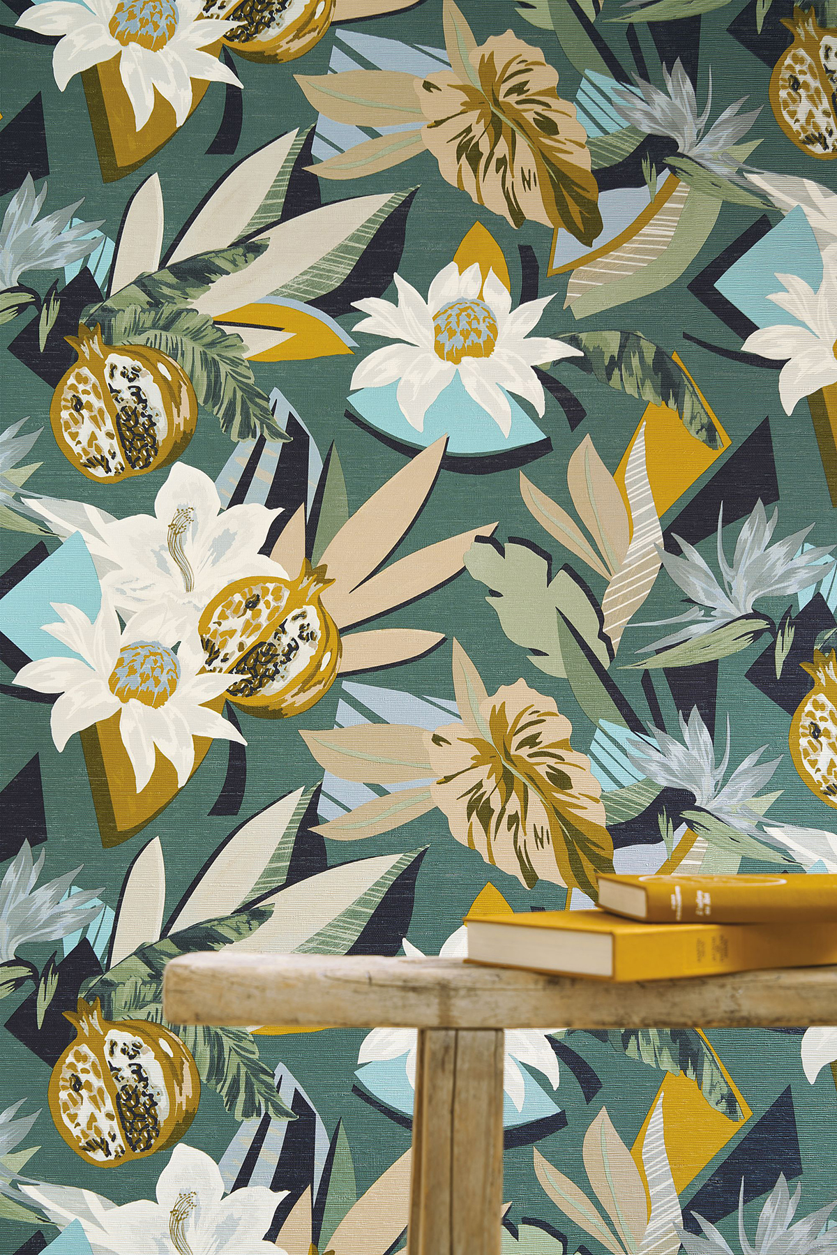 Papier peint Fleur Tropicale Salvador émeraude moutarde - Aventura de Casamance | Réf. CAS-75531528