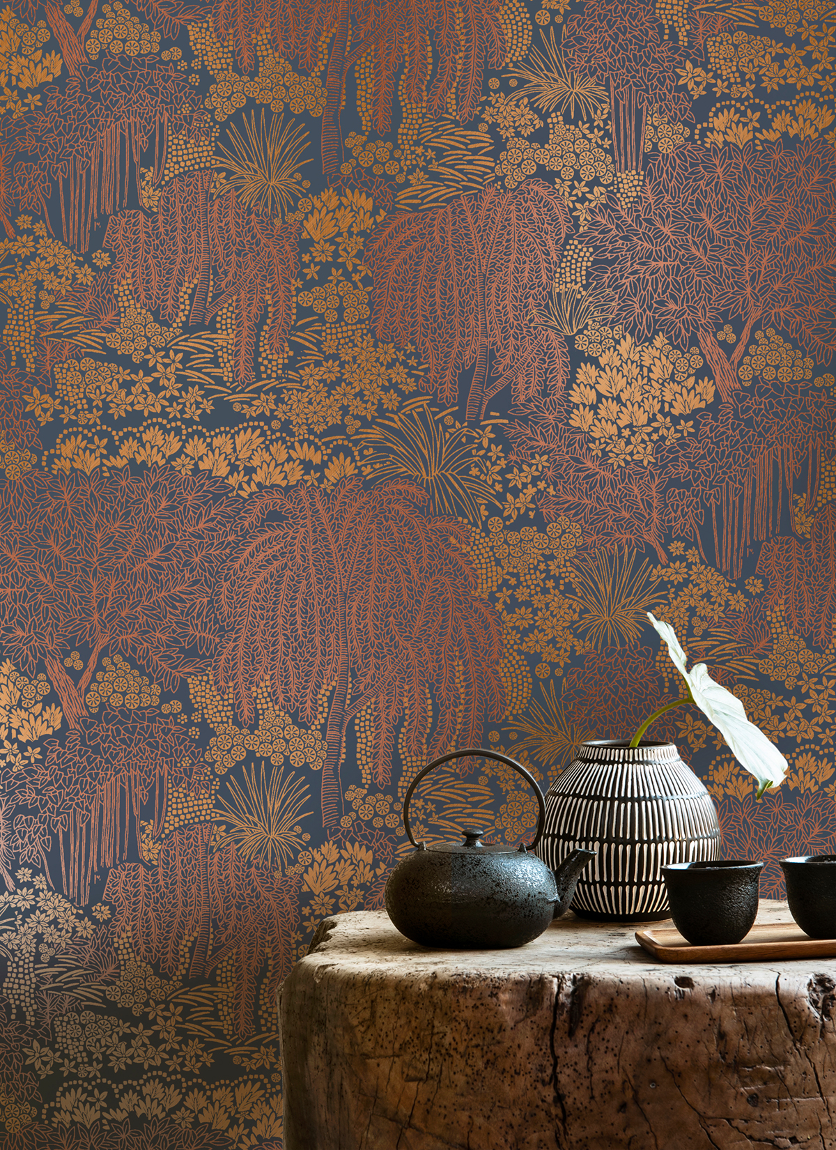 Papier peint Jardin Minimaliste bleu marine marron métallisé - Allure de Lutèce | Réf. LTC-AL26264