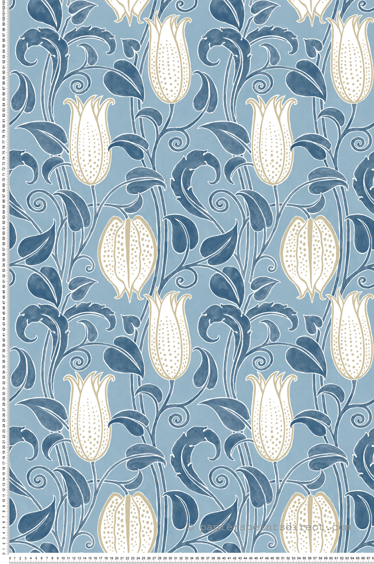 Papier peint Fleur Cloche Canterbury beige bleu- Arts & Crafts d'Initiales | Réf. INI-AC9205