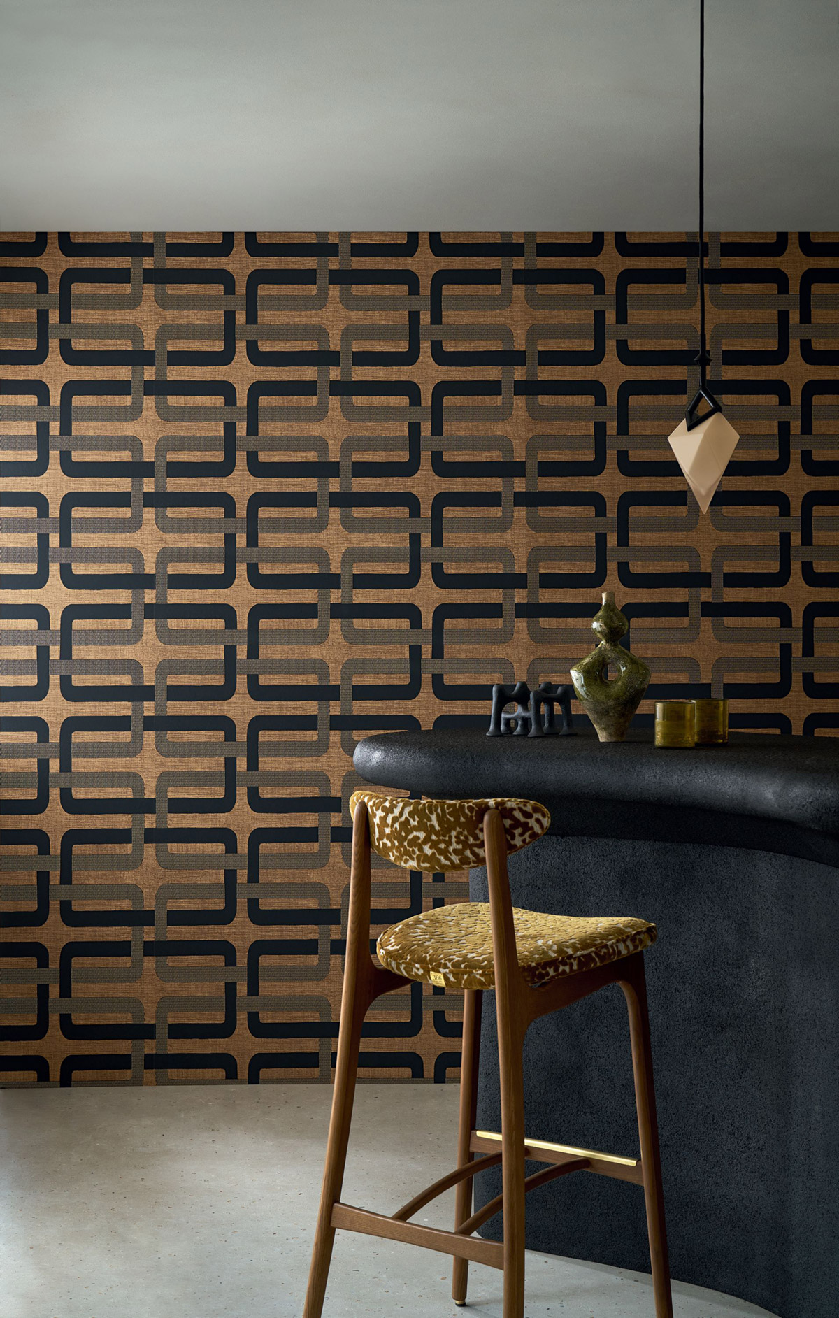 Papier peint Géométrique Rétro Matjara noir doré - Tressora de Casamance AMB1 | Réf. CAS-76933160