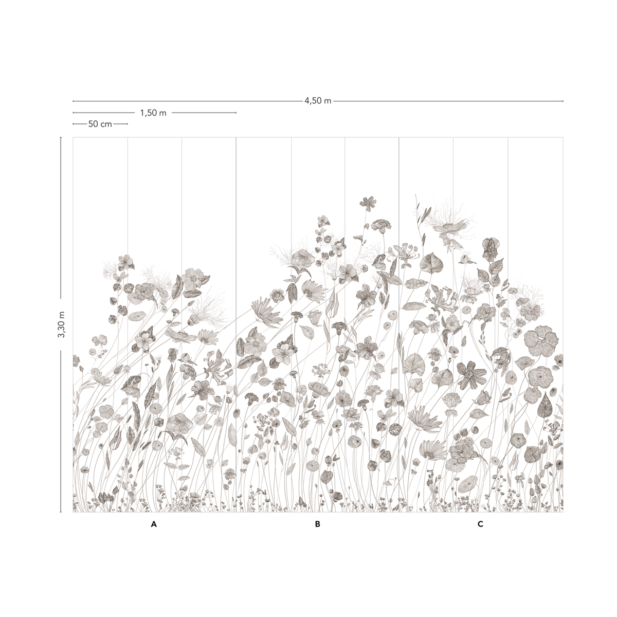 Papier peint panoramique Fleurs Prairie A+B+C - 1/2/3/4/5/6/7/8/9 - Isidore Leroy