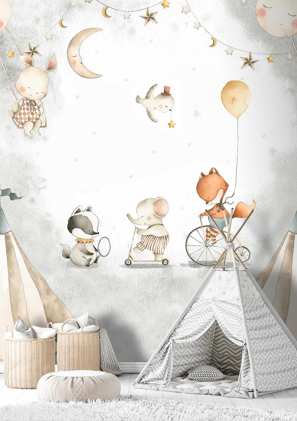 Papier peint panoramique Animaux Sleep-Night Circus gris - Farandole de Lutèce | Réf. LTC-CW6055-1