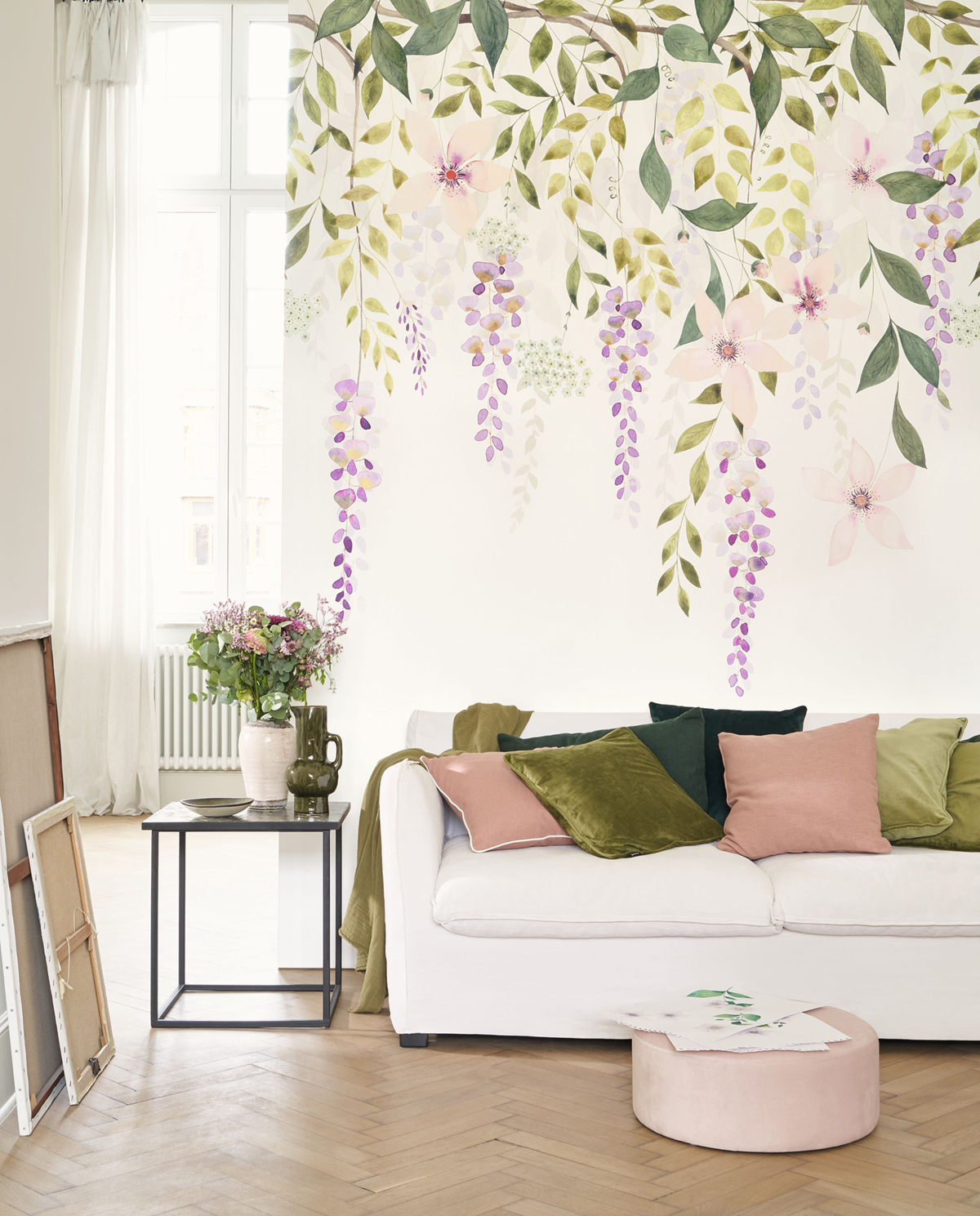 Papier peint panoramique Fleurs Glycines M vert violet 200x280 - Gardens de Casadéco | Réf. GADN87675103