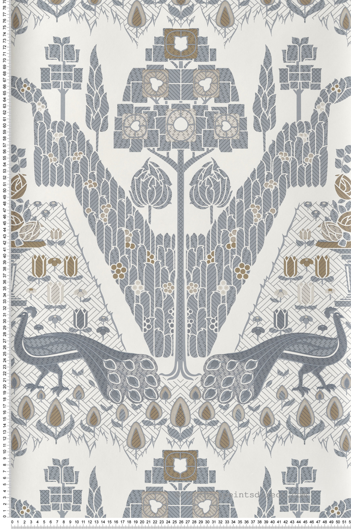 Papier peint Paon Nature Graphique Topiary gris beige - V&A Decorative Papers d'Initiales | Réf. INI-31117201