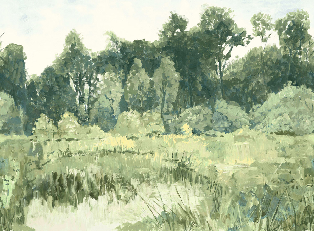 Papier peint panoramique Paysage Peint Colvert vert amande - Panoramas 3 de Casamance | Réf. CAS-76391120