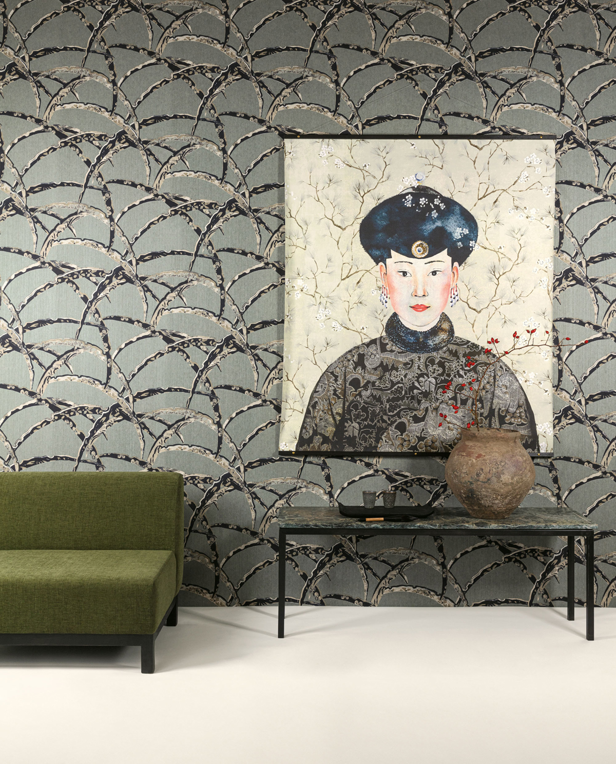 Papier peint Branche Kimono Daika vert sauge - Kimono de Masureel | Réf. MAS-KIM504