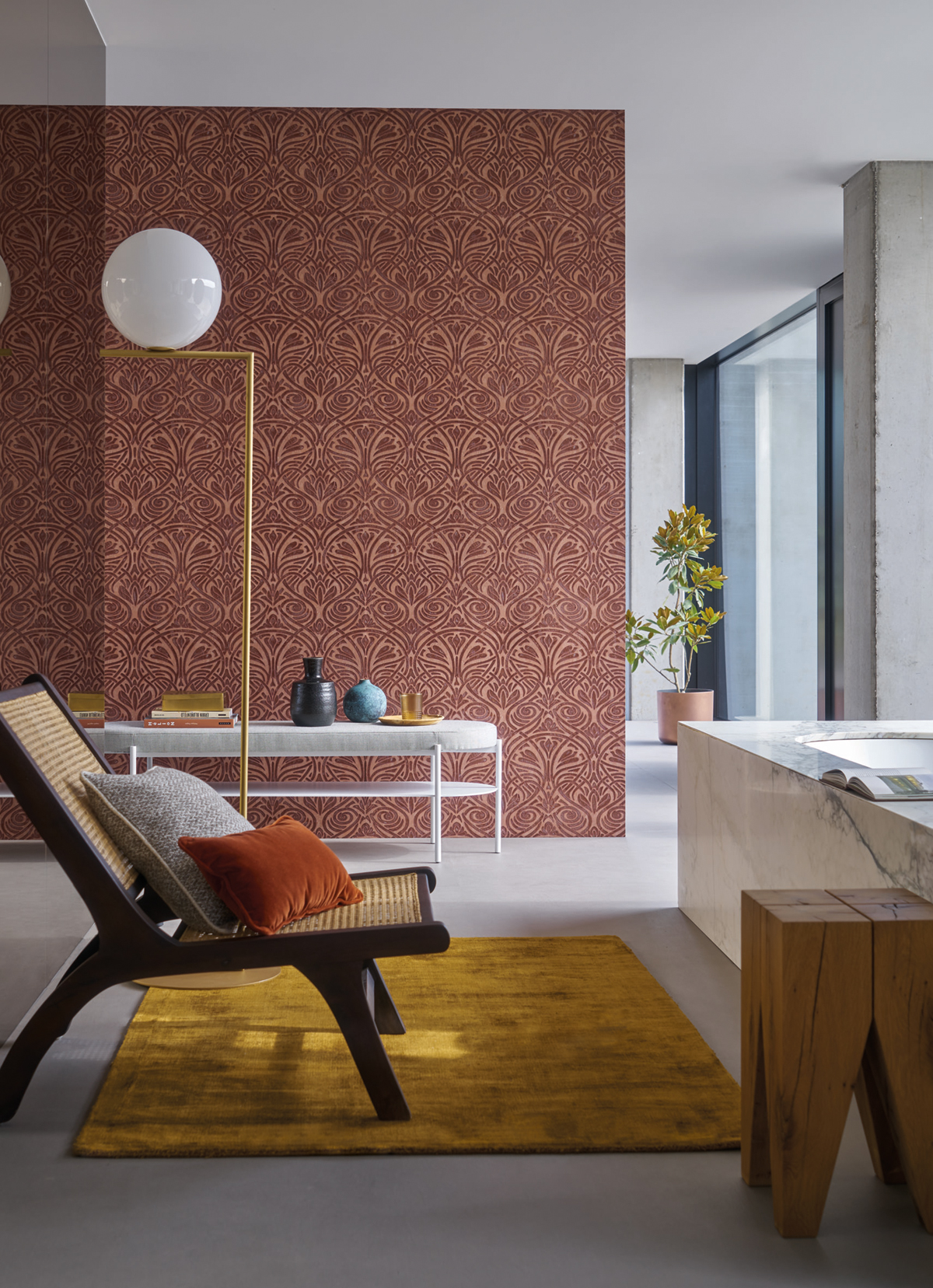 Papier peint Baroque damassé Rabat terracotta - Mansour de Casamance | Réf. CAS-74410528