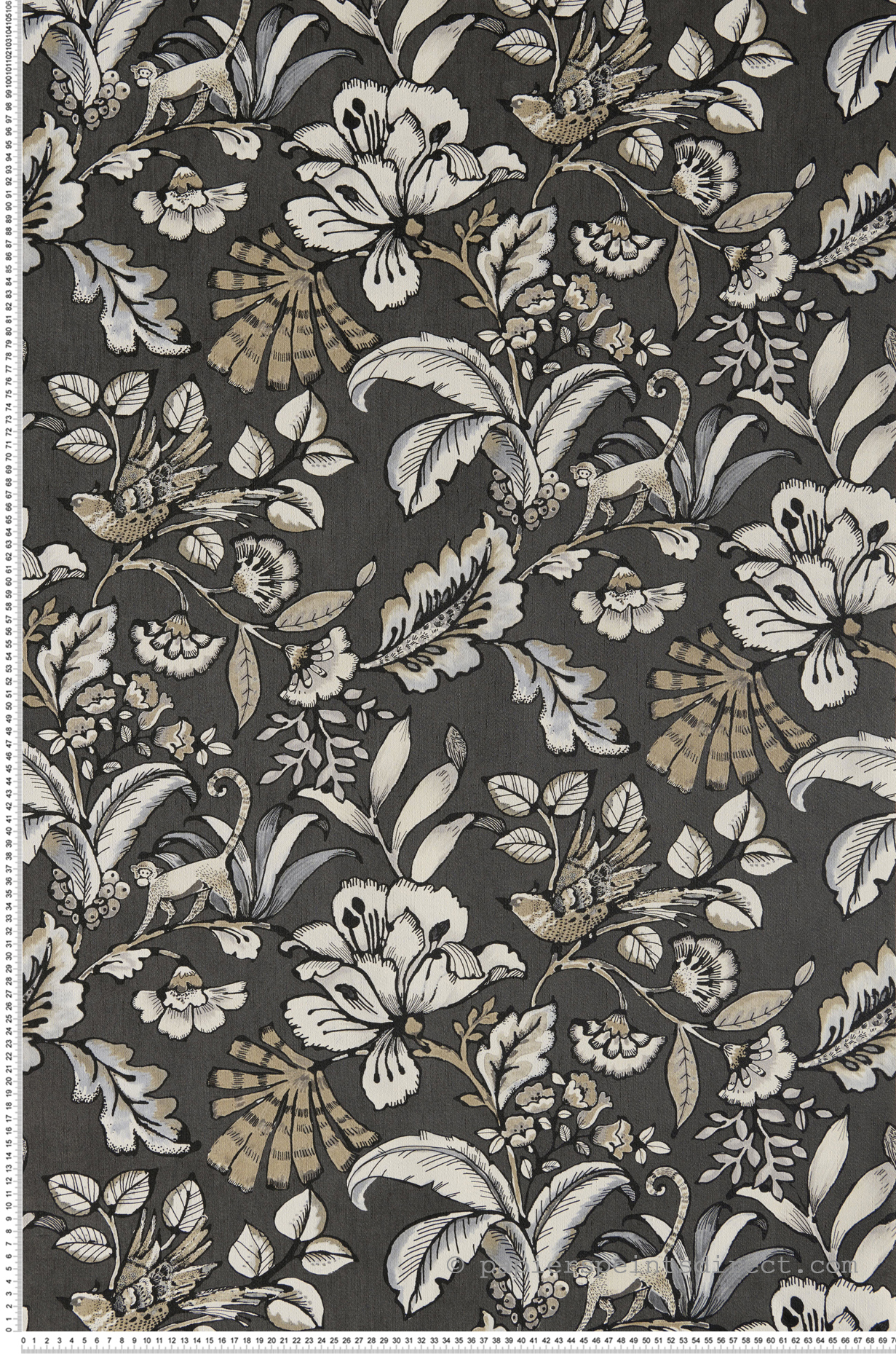 Papier peint animaux fleuri Paiony ardoise - Ceylan de Casamance | Réf. CAS-74522552