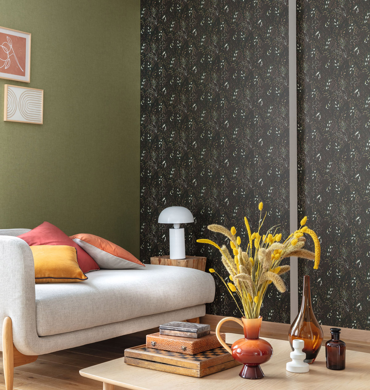 Papier peint Uni Lin vert kaki - Balade de Casélio AMB2| Réf. BLD100607405