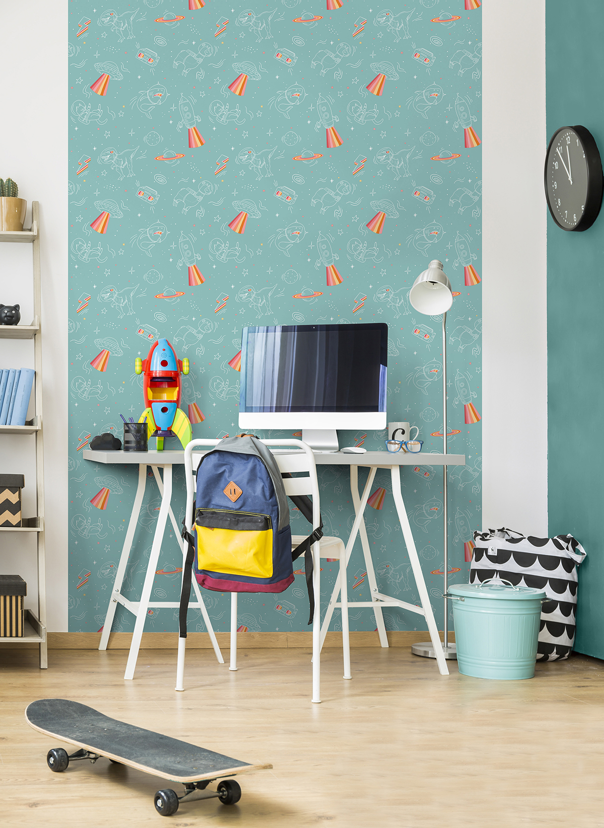 Papier peint Animaux dans l'Espace bleu clair et rose - La belle histoire d'Ugépa | Réf. UGP-M36804