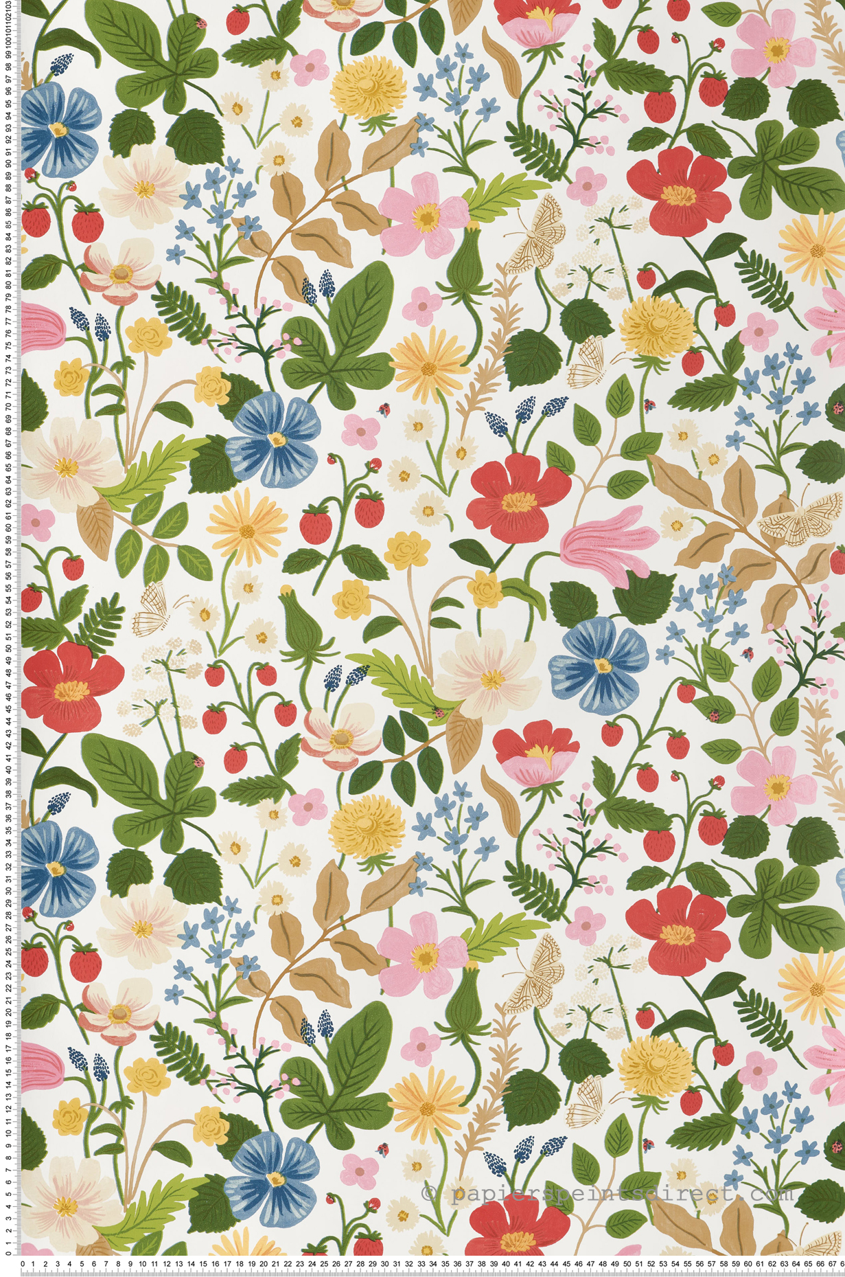 Papier peint Champs de Fraises Fleurs multicolore blanc - Rifle Paper Co. 2 de York (Initiales) | Réf. INI-RP7354