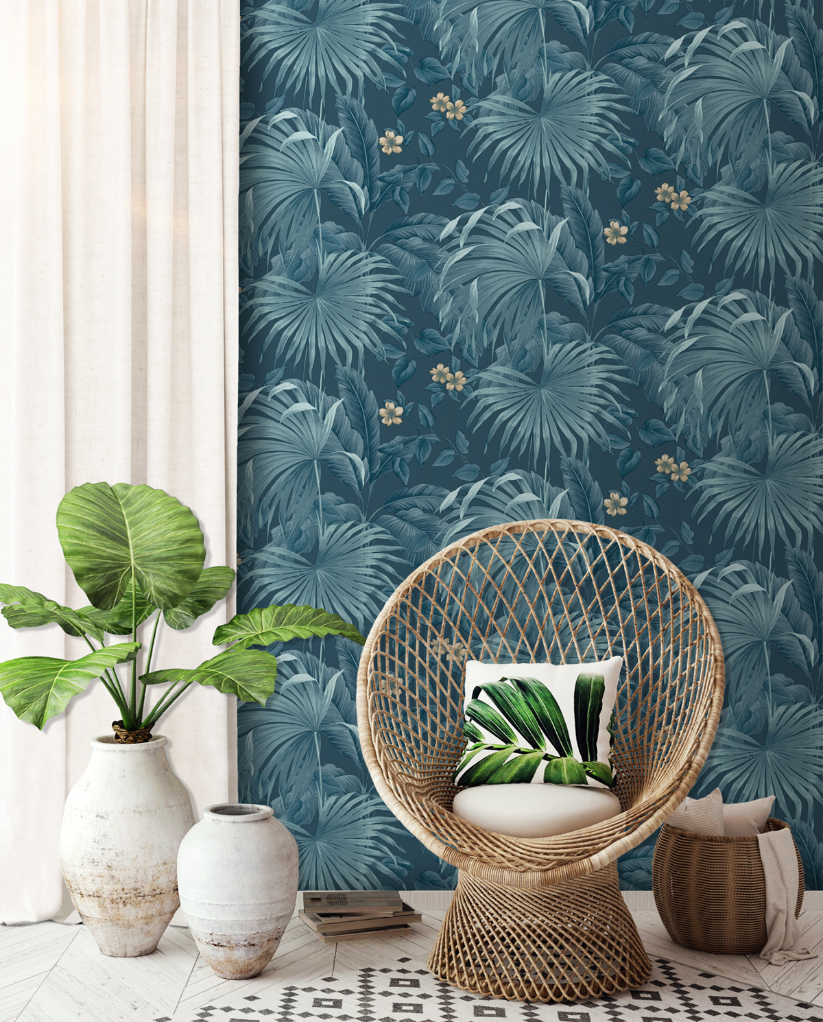 Papier peint Tropical Palme bleu pétrole - Séjours & Chambres de Lutèce | Réf. LTC-11220801