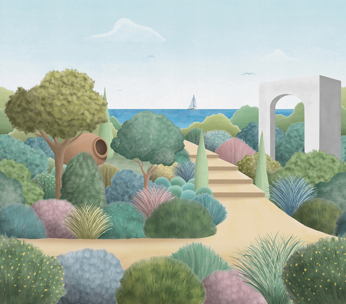 Papier peint panoramique Jardin Méditérranéen pastel - Panorama 2 de Lutèce | Réf. LTC-PAN1502C