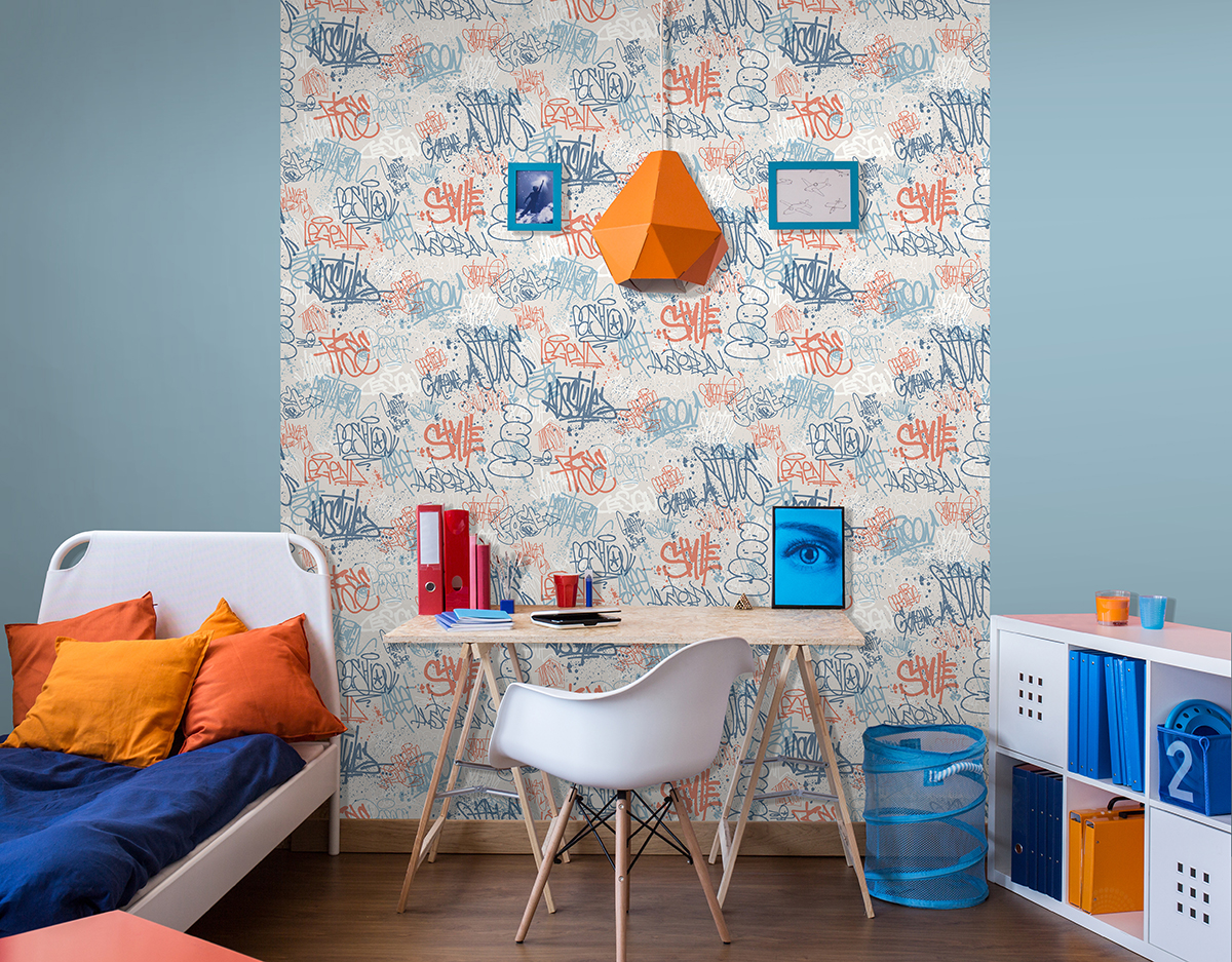 Papier peint Tags Urbains orange et bleu - La belle histoire d'Ugépa | Réf. UGP-M51301