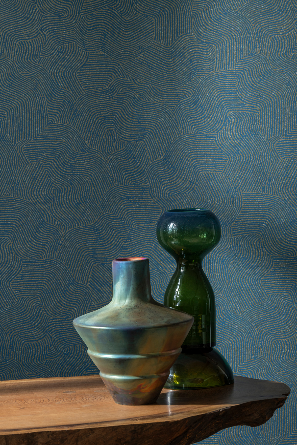 Papier peint Vague Graphique Paillette bleu paon doré - Merida de Montecolino AMB2 | Réf. MC-BA26092