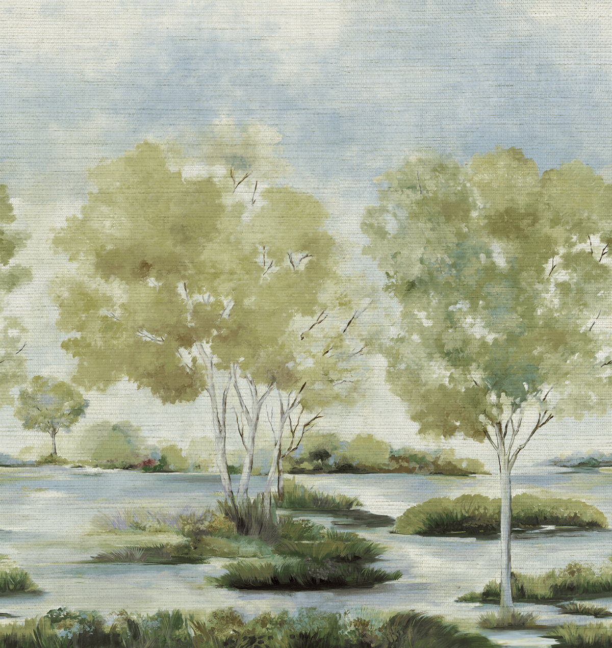 Papier peint panoramique Paysage à l'Aquarelle Savane Grasscloth vert - Daisy Bennett d'Initiales | Réf. INI-DB31206M