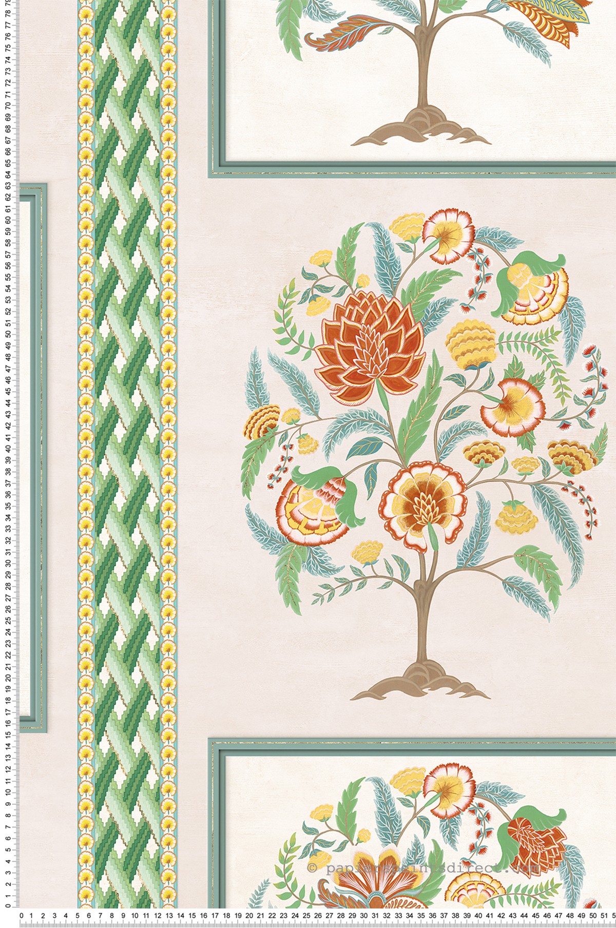 Papier peint Cadre de Fleurs Taniska turquoise jaune - Byzance d'Osborne & Little | Réf. OSB-W7906-02