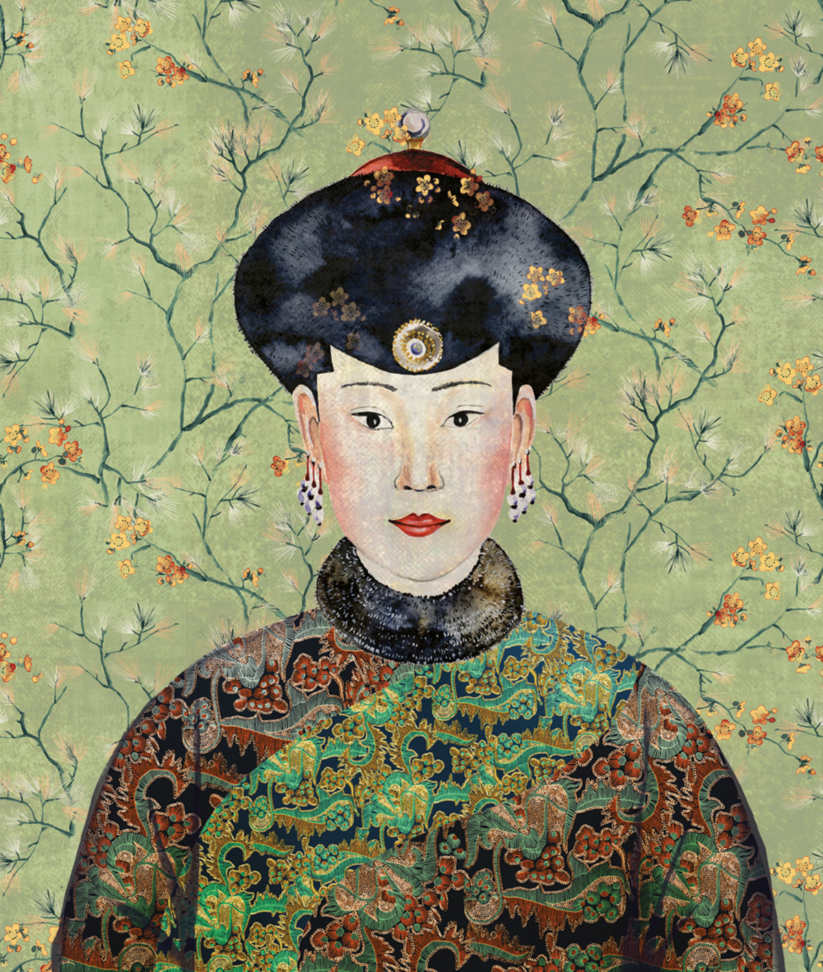 Affiche suspendue Femme Japonaise Miwa vert - Kimono de Masureel | Réf. MAS-DGKIM103