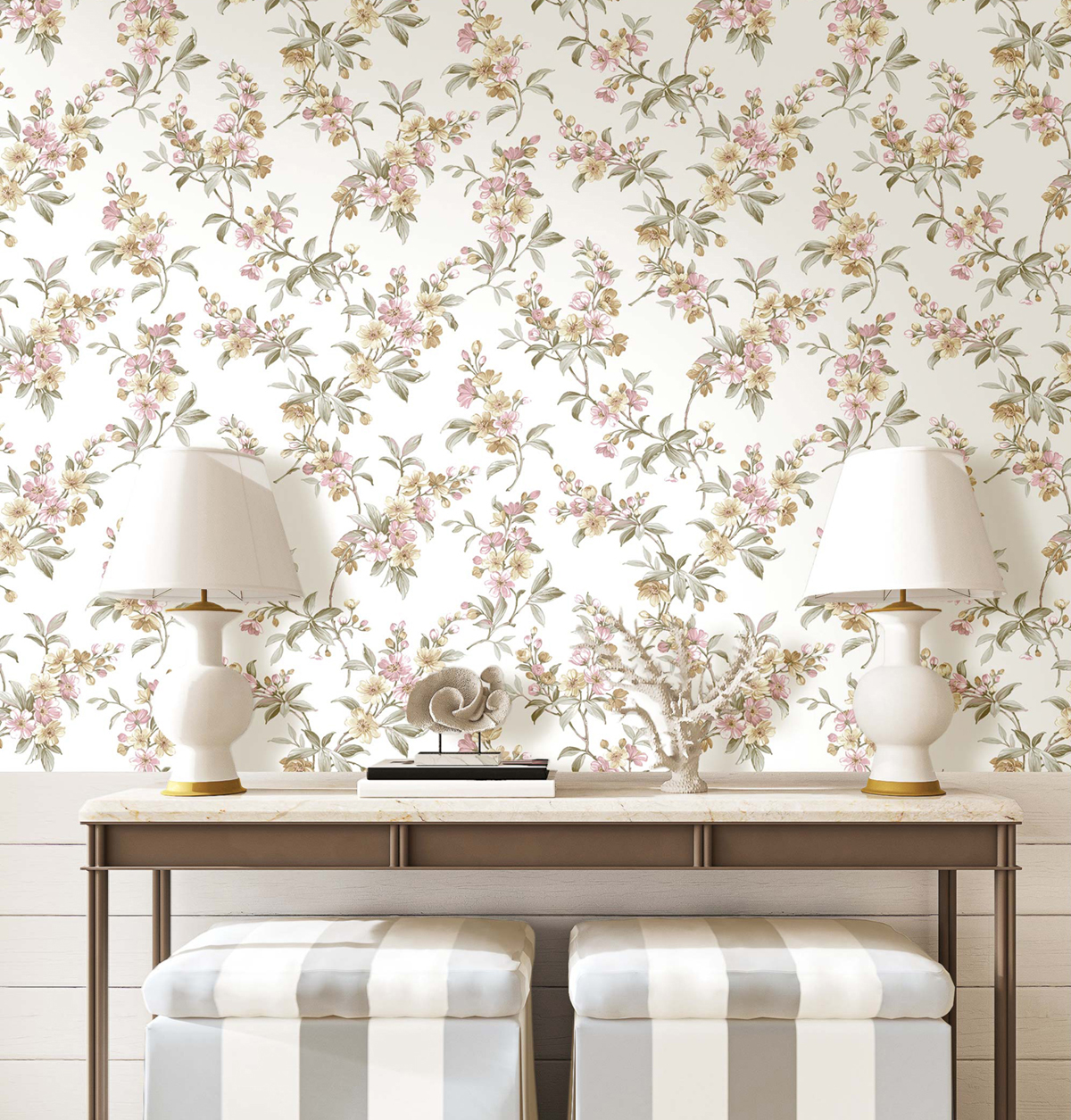 Papier peint Fleurs de Cerisier Classique beige rose - Garden Party de Montecolino AMB | Réf. MC-84004